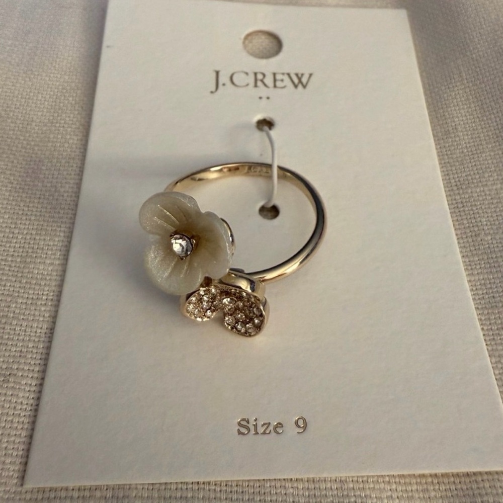 J. Crew Pave Gold & White Dual Flower Statement Pave Flower Ring Size 9 NWT
